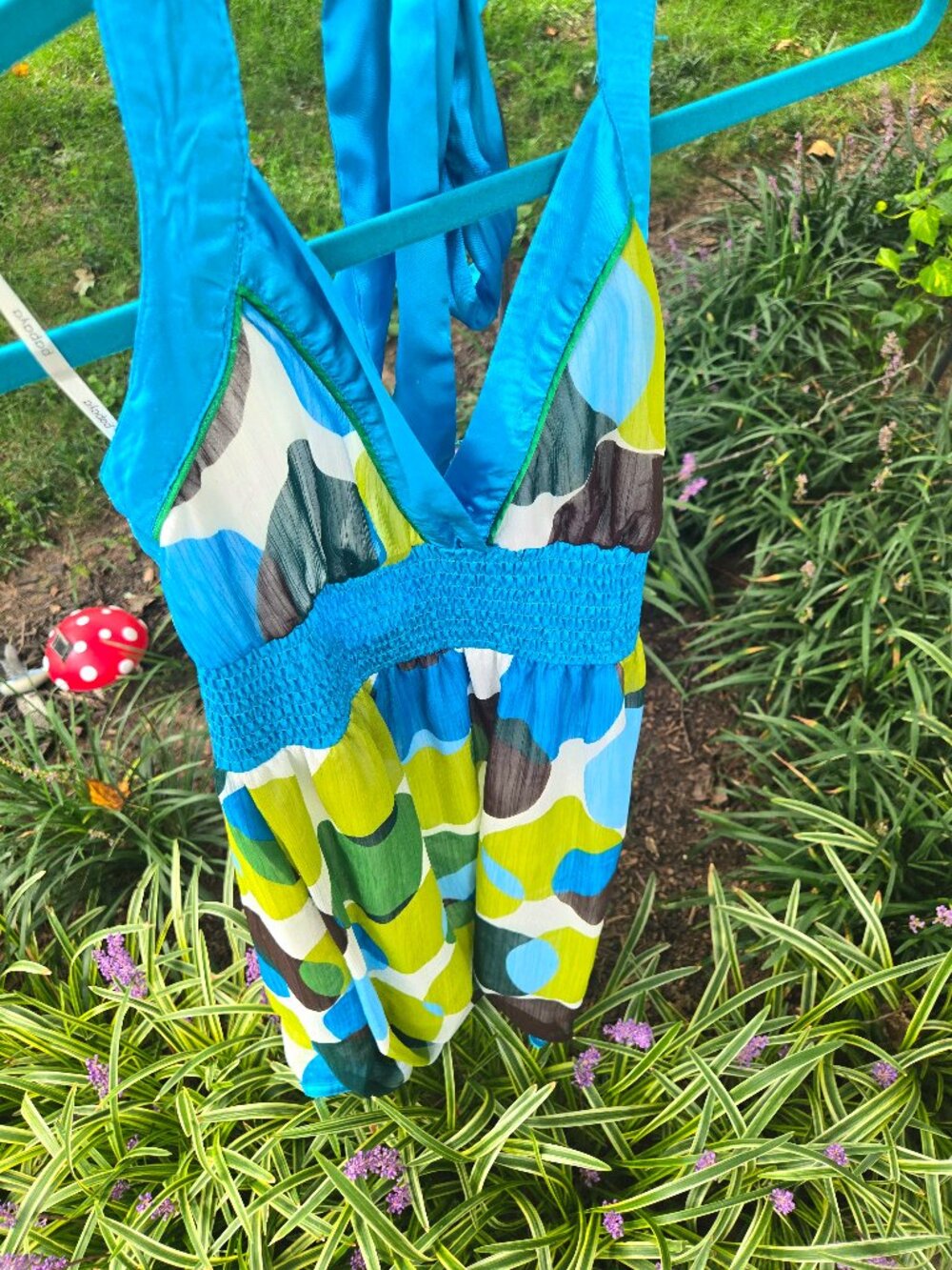 Papaya Halter Neck Dress Size Small Blue Green Geometric Circle Print Y2K Boho